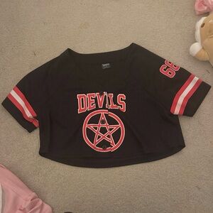 Black and red Spencer's devils jersey crop top women's small
